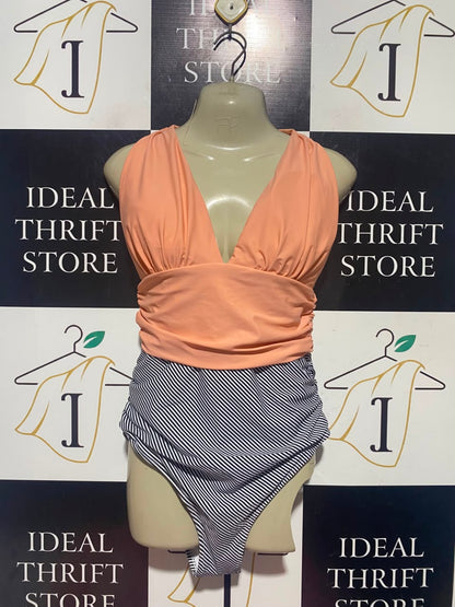 CUPSHE |L| BUST 16| A14| PEACH & NAVY STRIPED PLUNGING V-NECK ONE-PIECE SWIMSUIT