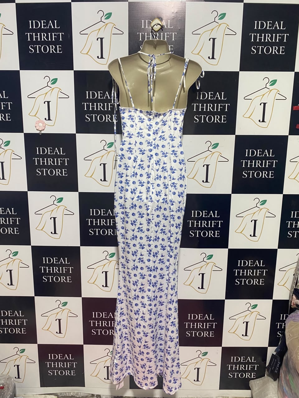 PARTHEA |S| BUST 16| A14| WHITE & BLUE FLORAL CAMI SLIP MAXI DRESS WITH SHOULDER TIES