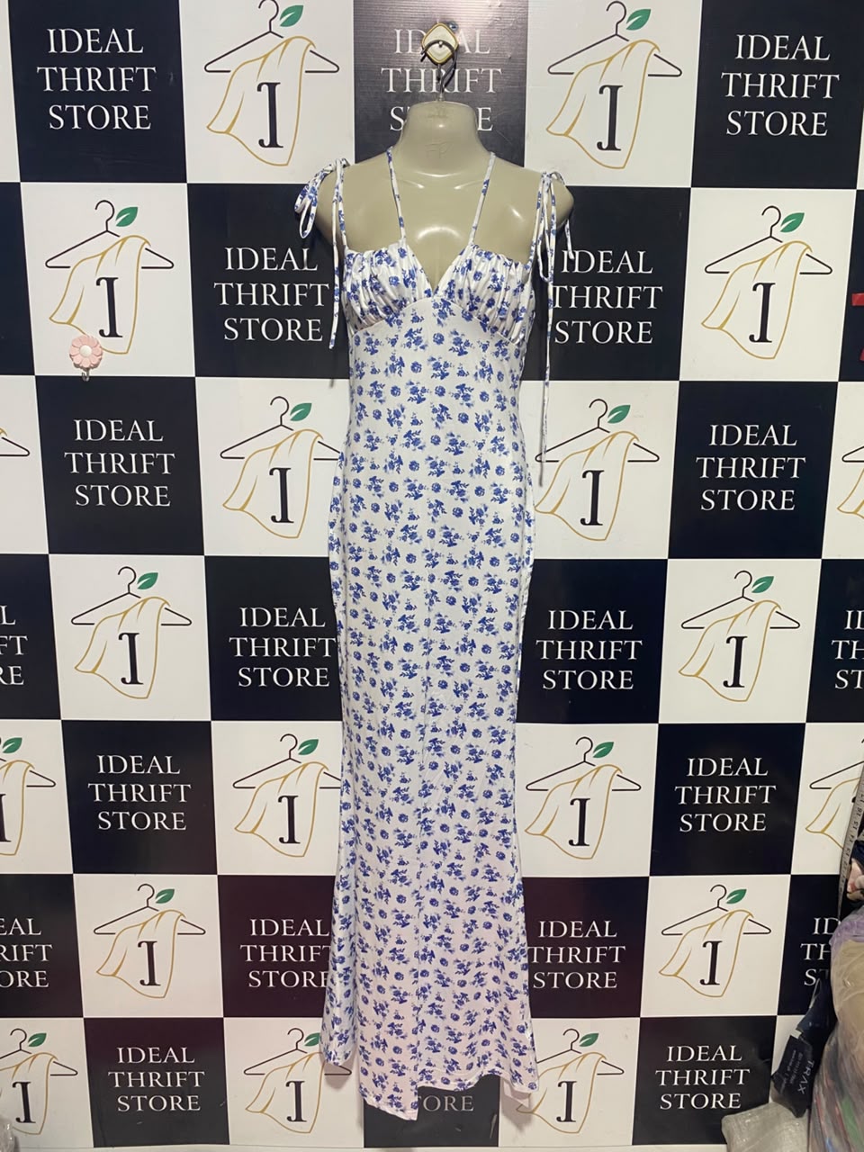 PARTHEA |S| BUST 16| A14| WHITE & BLUE FLORAL CAMI SLIP MAXI DRESS WITH SHOULDER TIES