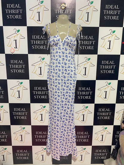 PARTHEA |S| BUST 16| A14| WHITE & BLUE FLORAL CAMI SLIP MAXI DRESS WITH SHOULDER TIES