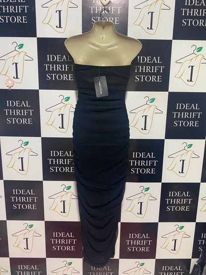 PRETTYLITTLE THING |S| BUST 15| A14| BLACK STRAPLESS RUCHED MESH MAXI DRESS