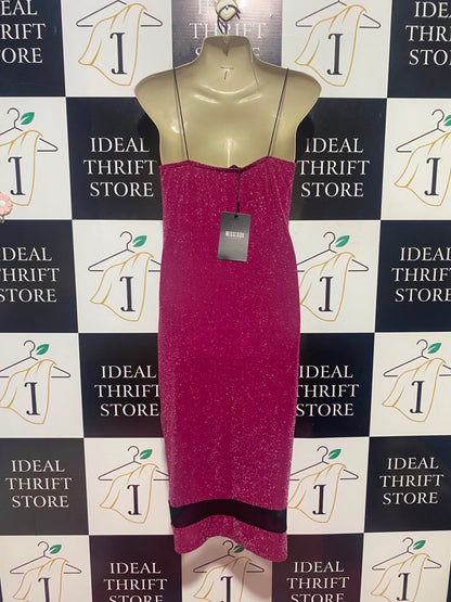 MISS LOOK |S| BUST 15| A14| MAGENTA PINK & SILVER METALLIC SHIMMER CAMI SLIP MIDI DRESS