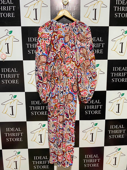 TU WOMAN |M| BUST 18| A14| MULTICOLOR IKAT PAISLEY BUTTON-FRONT MAXI DRESS