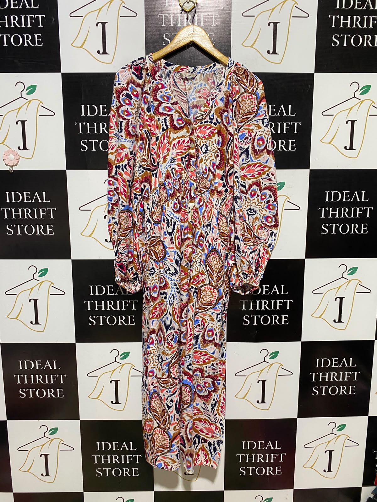 TU WOMAN |M| BUST 18| A14| MULTICOLOR IKAT PAISLEY BUTTON-FRONT MAXI DRESS