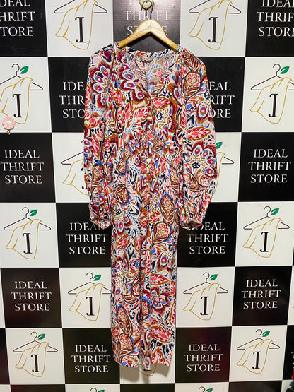 TU WOMAN |M| BUST 18| A14| MULTICOLOR IKAT PAISLEY BUTTON-FRONT MAXI DRESS