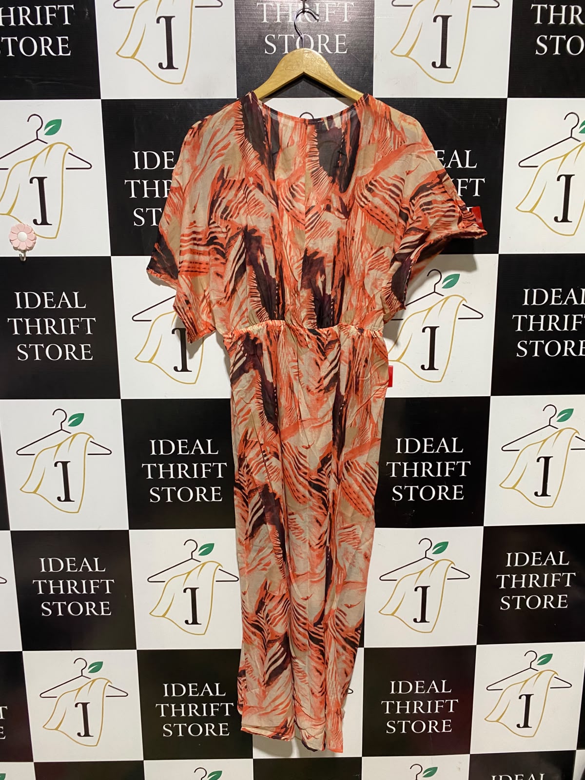 ORIGNALS |L| BUST FREE| A14| ORANGE & BROWN ABSTRACT PRINT DRAWSTRING KAFTAN MAXI DRESS