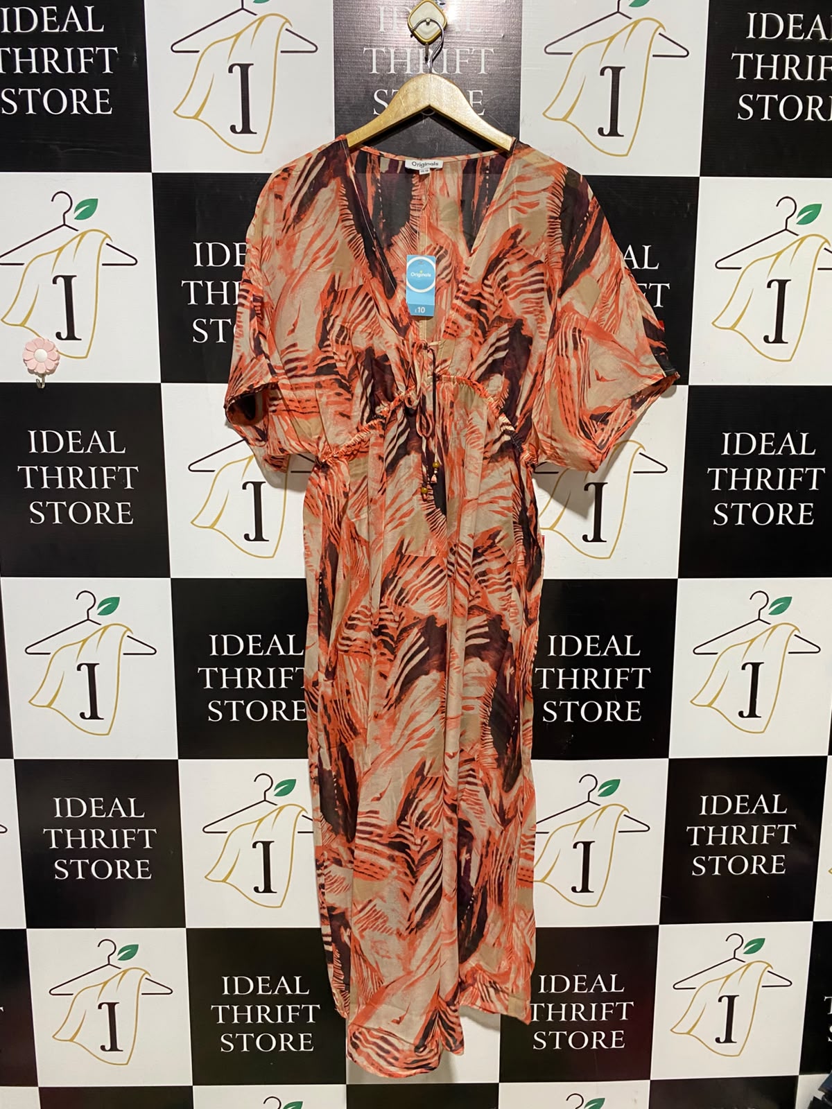ORIGNALS |L| BUST FREE| A14| ORANGE & BROWN ABSTRACT PRINT DRAWSTRING KAFTAN MAXI DRESS