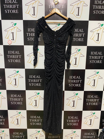 D & M |L| BUST 15| A14| BLACK METALLIC SHIMMER LONG-SLEEVE RUCHED MAXI DRESS