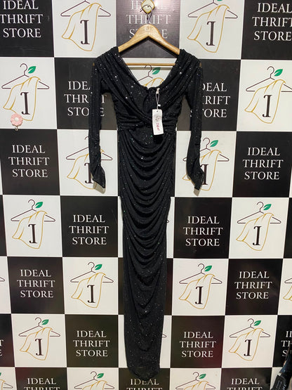 D & M |L| BUST 15| A14| BLACK METALLIC SHIMMER LONG-SLEEVE RUCHED MAXI DRESS