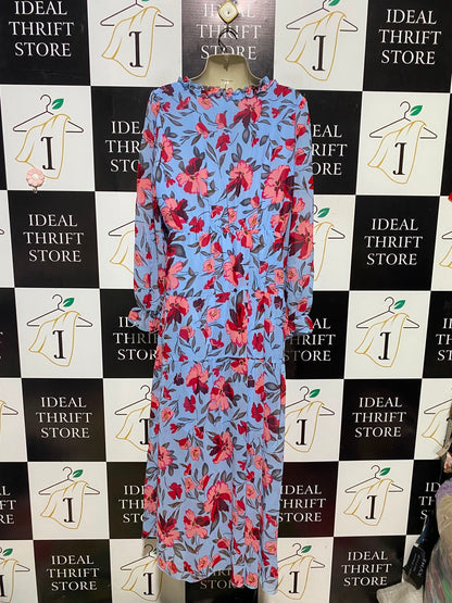 |XL| BUST 20| A14| LIGHT BLUE & PINK FLORAL RUFFLE-TRIM TIERED MAXI DRESS