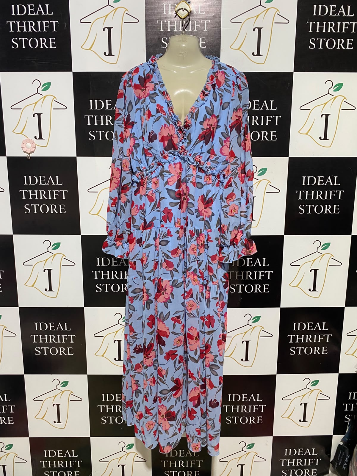 |XL| BUST 20| A14| LIGHT BLUE & PINK FLORAL RUFFLE-TRIM TIERED MAXI DRESS
