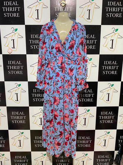 |XL| BUST 20| A14| LIGHT BLUE & PINK FLORAL RUFFLE-TRIM TIERED MAXI DRESS