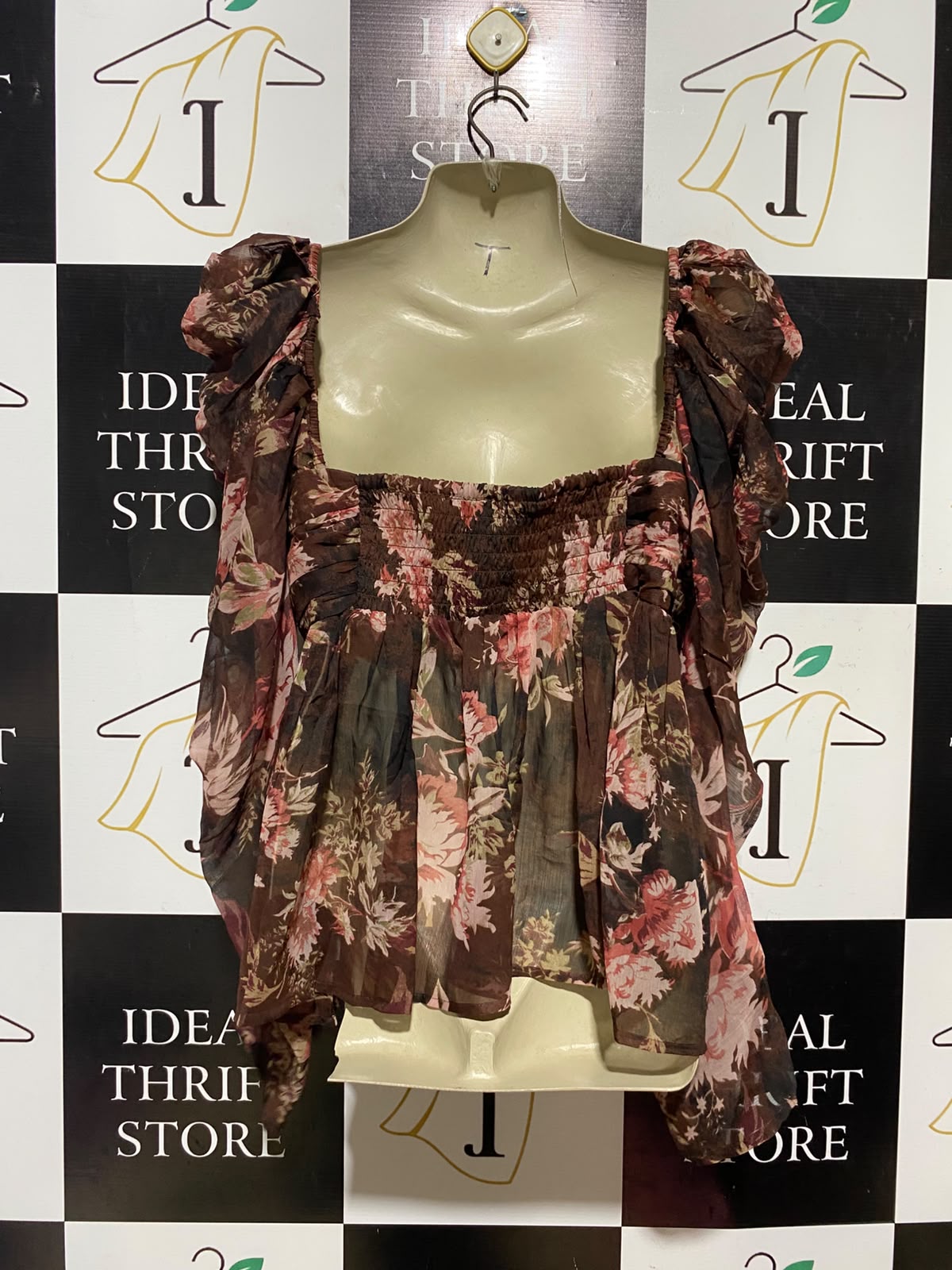 ASOS |M| BUST 17| A14| BROWN FLORAL PUFF-SLEEVE SQUARE-NECK BABYDOLL BLOUSE