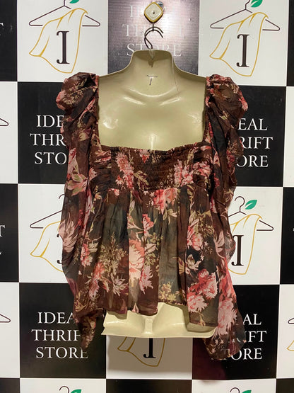 ASOS |M| BUST 17| A14| BROWN FLORAL PUFF-SLEEVE SQUARE-NECK BABYDOLL BLOUSE