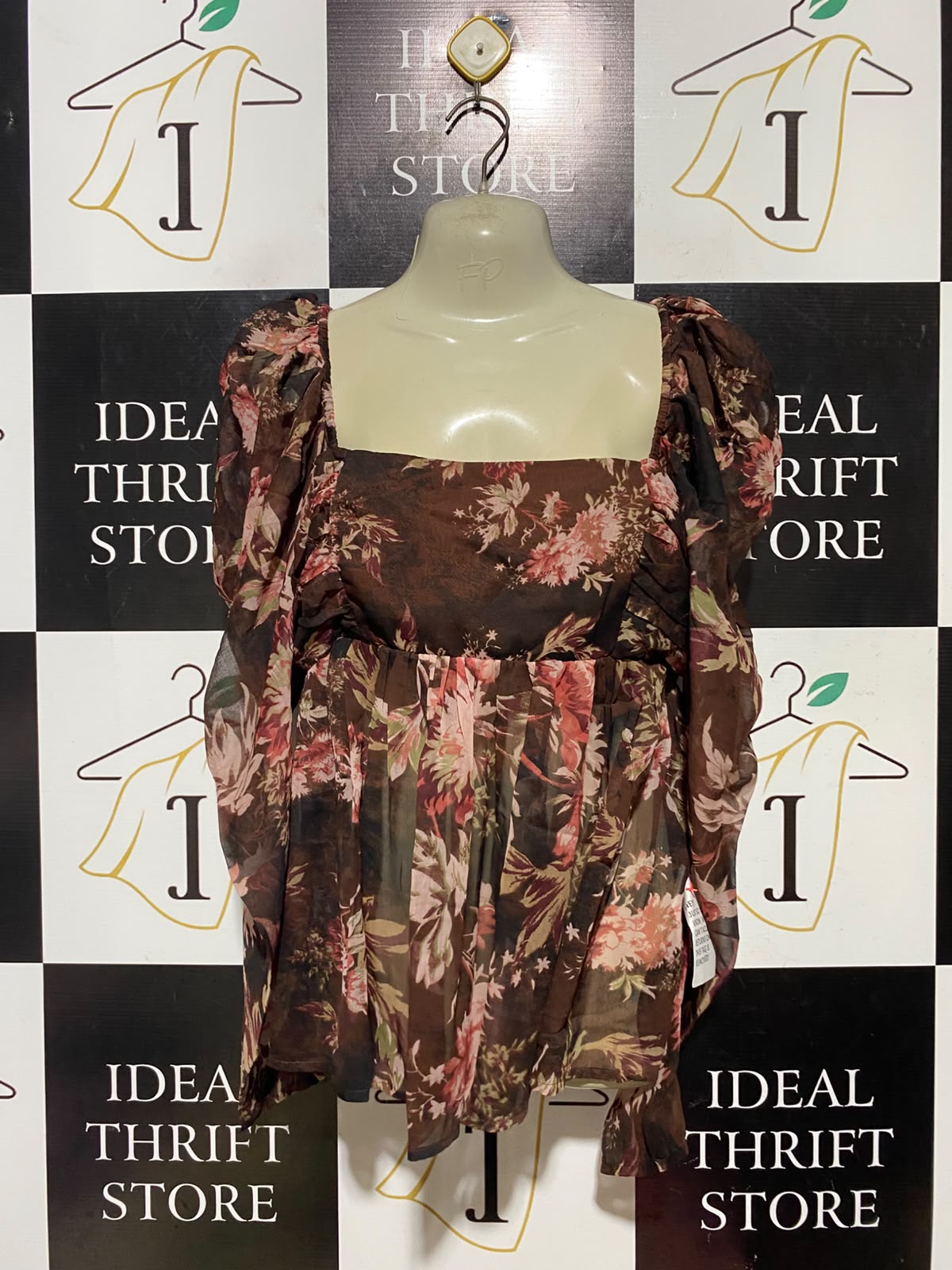 ASOS |M| BUST 17| A14| BROWN FLORAL PUFF-SLEEVE SQUARE-NECK BABYDOLL BLOUSE