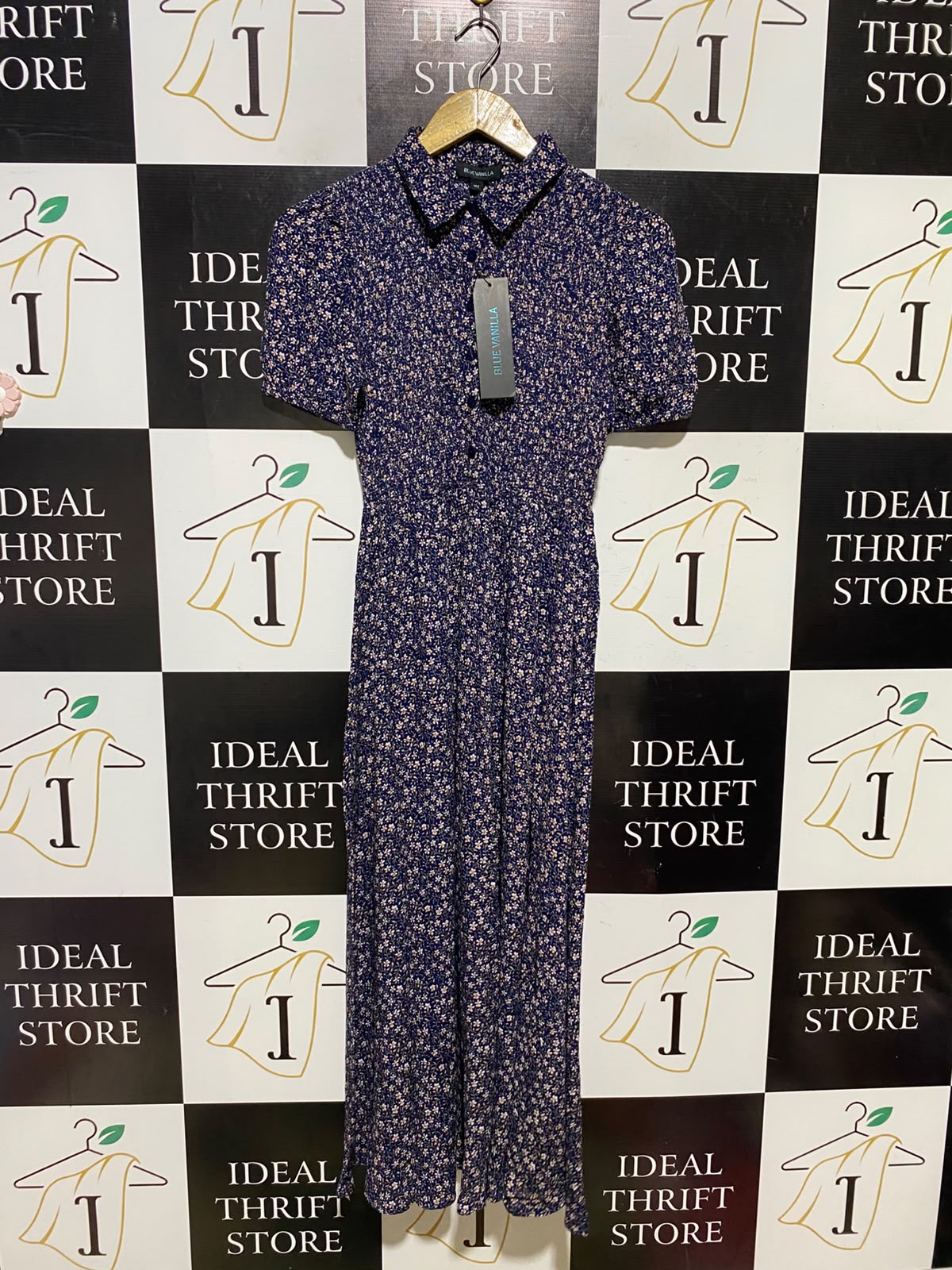 BLUE VANILLA |S| BUST 13| A14| NAVY FLORAL SHIRT DRESS WITH LACE TRIM COLLAR
