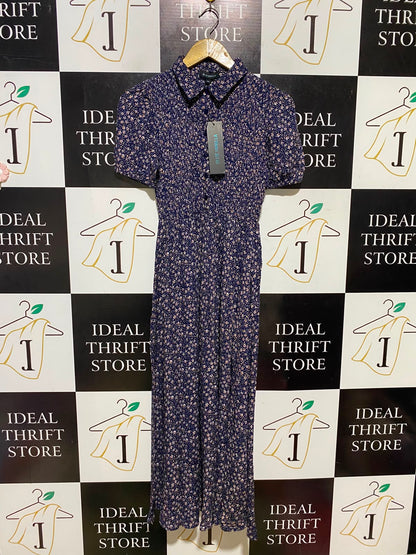 BLUE VANILLA |S| BUST 13| A14| NAVY FLORAL SHIRT DRESS WITH LACE TRIM COLLAR