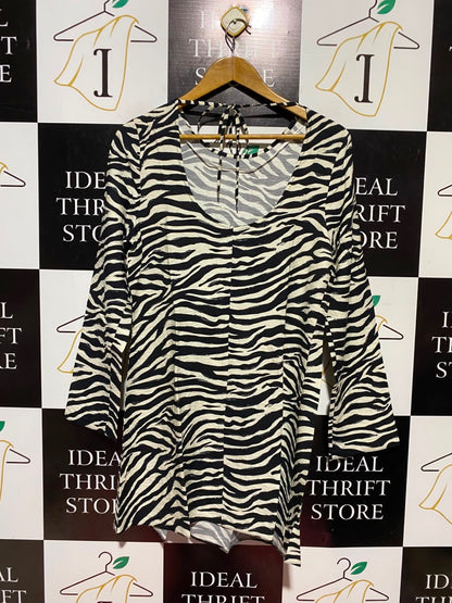 PRIMARK |L| BUST 18| A13| WOMEN'S MONOCHROME ZEBRA STRIPE TIE-BACK LONG-SLEEVE MINI DRESS