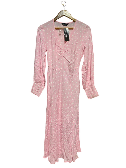 LOVE THAT LOOK |M| BUST 16| A14| LIGHT PINK & WHITE POLKA DOT MIDI DRESS - LONG SLEEVE V-NECK RUCHED BUST DRESS