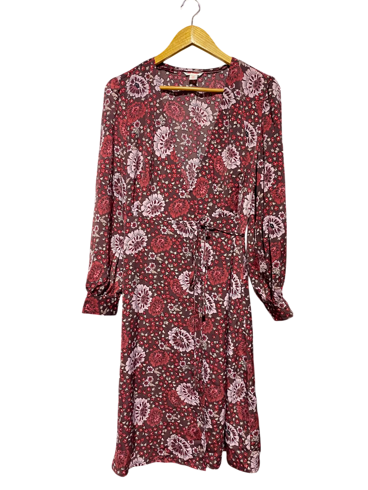 JOE FRESH |S| BUST 17| A14| MAROON & PINK FLORAL WRAP MIDI DRESS - LONG SLEEVE SIDE-TIE CASUAL DRESS