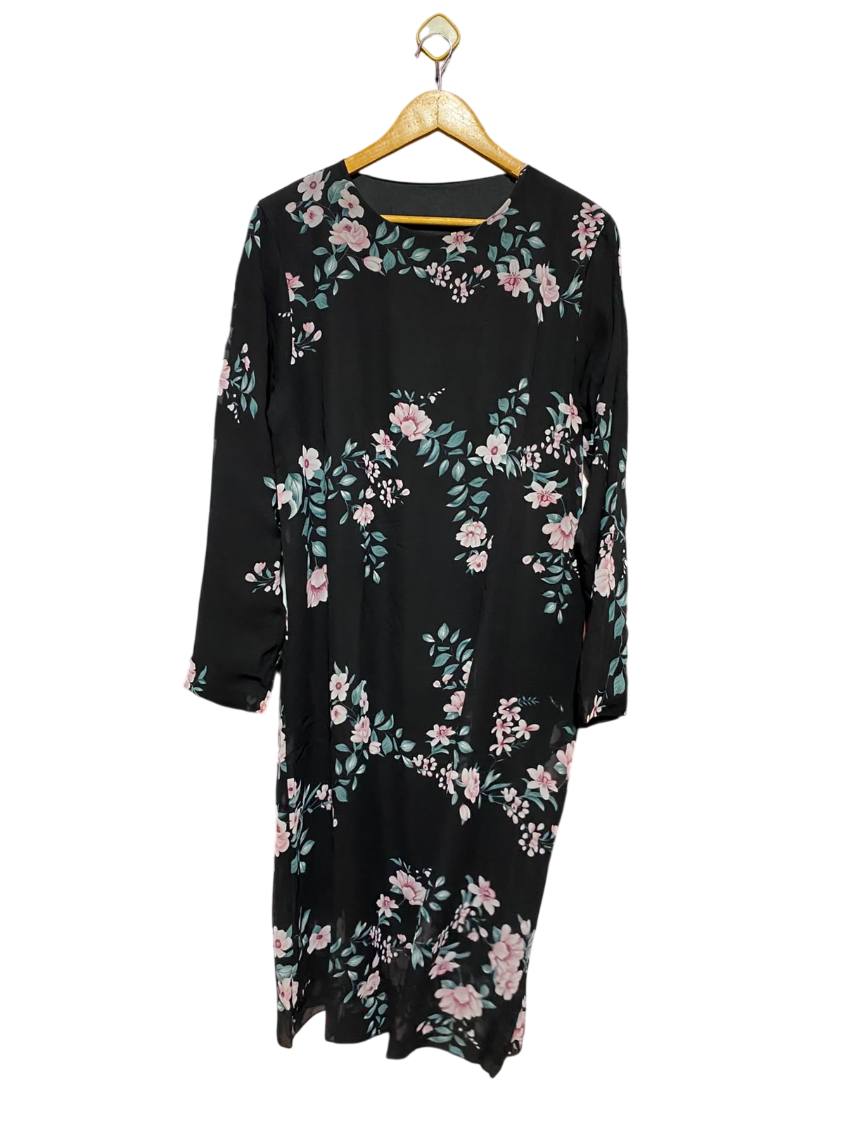 |L| BUST 20| A14| BLACK FLORAL PRINT LONG SLEEVE MIDI DRESS - ELEGANT CHIFFON SHIFT DRESS