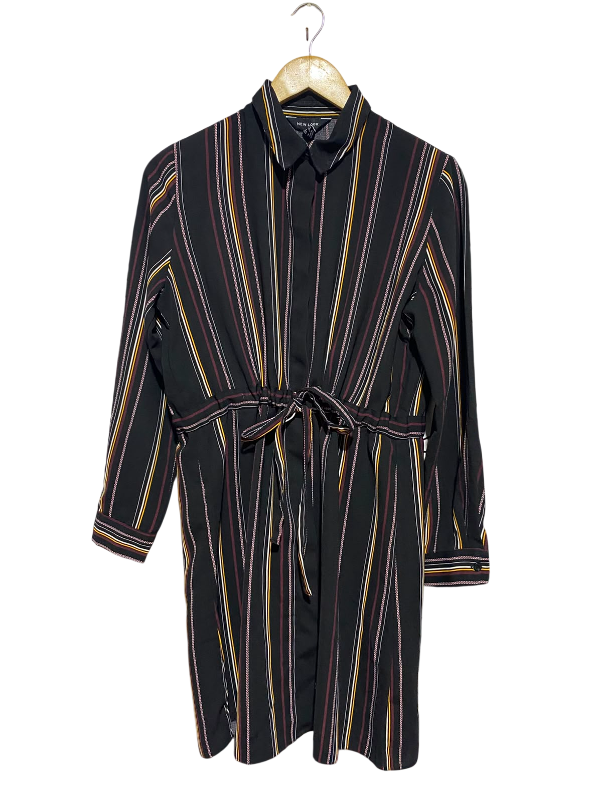 NEW LOOK |M| BUST 20| A14| BLACK MULTICOLOR STRIPED SHIRT DRESS - LONG SLEEVE DRAWSTRING CASUAL SHIRT DRESS