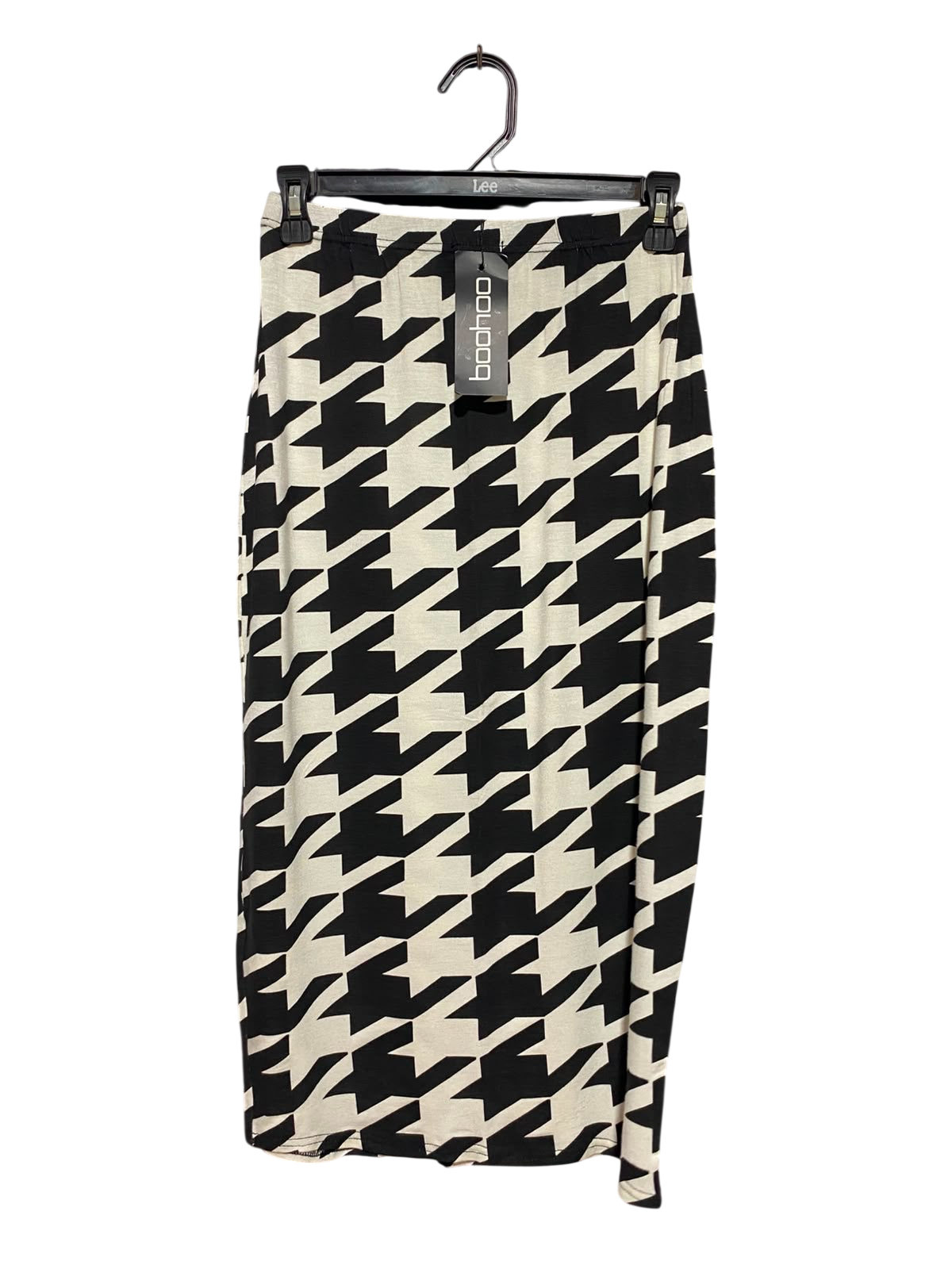 BOOHOO |XS| WAIST 24| A14| BLACK & WHITE HOUNDSTOOTH MIDI SKIRT - HIGH-WAISTED STRETCH PENCIL SKIRT