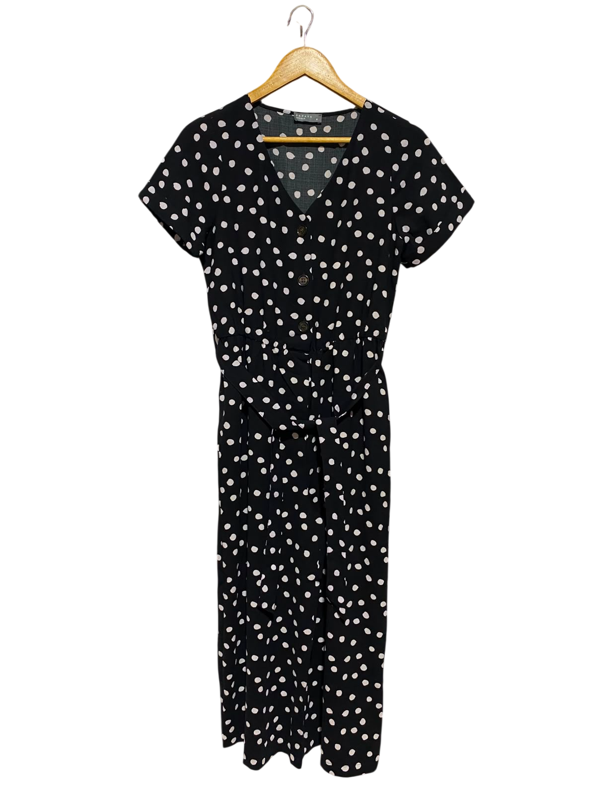 PAPAYA |S| BUST 17| A15| BLACK & WHITE POLKA DOT BUTTON-FRONT JUMPSUIT - SHORT SLEEVE BELTED CASUAL JUMPSUIT