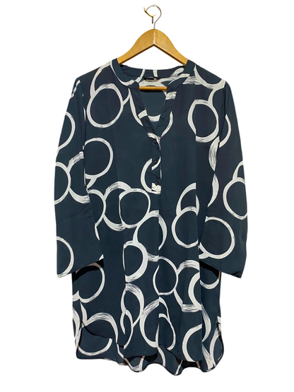 ROMAN |M| BUST 22| A15| BLACK & WHITE GEOMETRIC CIRCLE PRINT TUNIC - 3/4 SLEEVE V-NECK KURTI / BLOUSE