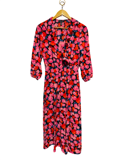 NEW LOOK |M| BUST 18| A15| RED & PINK FLORAL RUFFLE V-NECK MIDI DRESS - 3/4 SLEEVE CASUAL DRESS