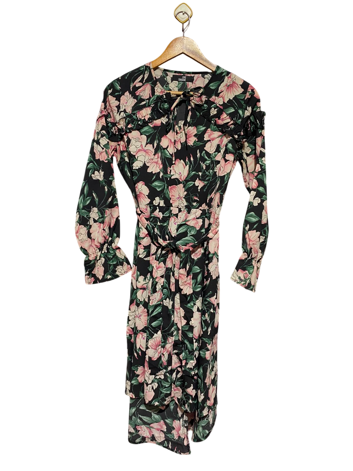 LOVE SUNSHINE |M| BUST 18| A15| BLACK & PINK FLORAL TIE-NECK MIDI DRESS - LONG SLEEVE BELTED FLORAL DRESS