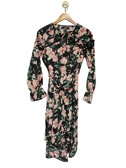 LOVE SUNSHINE |M| BUST 18| A15| BLACK & PINK FLORAL TIE-NECK MIDI DRESS - LONG SLEEVE BELTED FLORAL DRESS