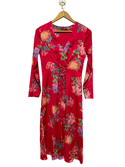 M&S |S| BUST 16| A15| RED FLORAL LACE-UP FRONT MIDI DRESS - LONG SLEEVE V-NECK DRESS