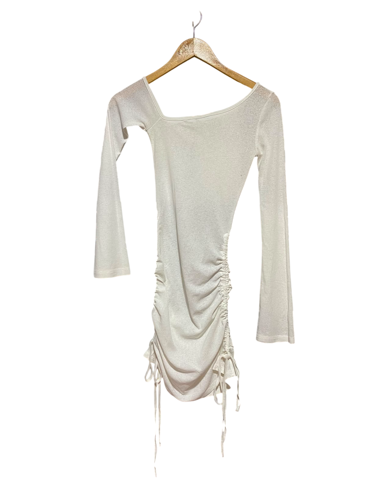 |XS| BUST 11| A15| OFF-WHITE ASYMMETRICAL RUCHED DRAWSTRING MINI DRESS - LONG SLEEVE BODYCON DRESS