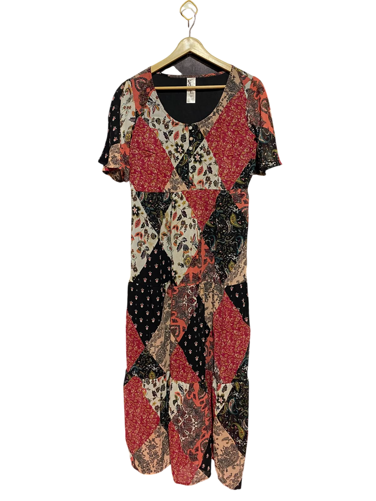 VDLFT |M| BUST 18| A15| MULTICOLOR BOHEMIAN PATCHWORK PRINT MIDI DRESS - SHORT SLEEVE TIERED CASUAL DRESS
