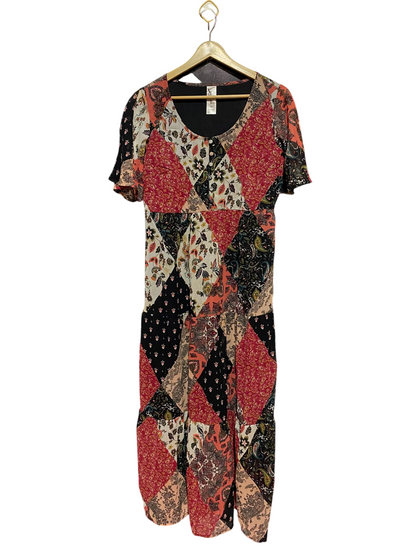 VDLFT |M| BUST 18| A15| MULTICOLOR BOHEMIAN PATCHWORK PRINT MIDI DRESS - SHORT SLEEVE TIERED CASUAL DRESS