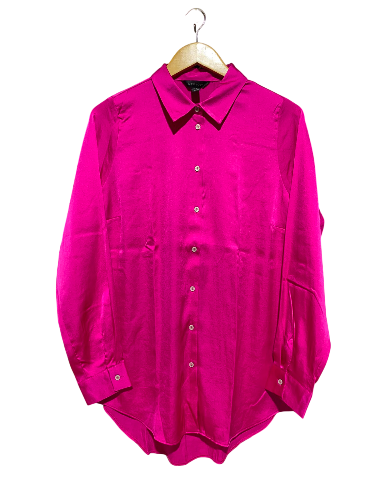 NEW LOOK |S| BUST 21| A15| MAGENTA PINK SATIN BUTTON-DOWN SHIRT - LONG SLEEVE OVERSIZED SATIN BLOUSE