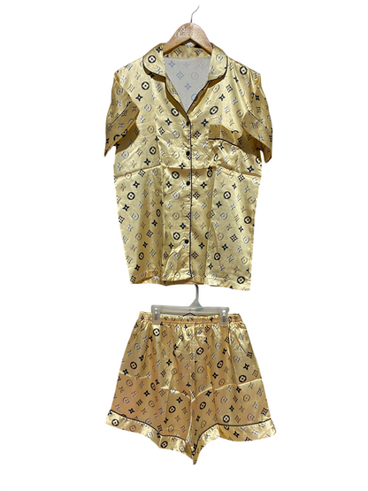 |S| A15| GOLD SILK SATIN MONOGRAM PYJAMA SHORT SET - TWO-PIECE NIGHTWEAR & LOUNGEWEAR