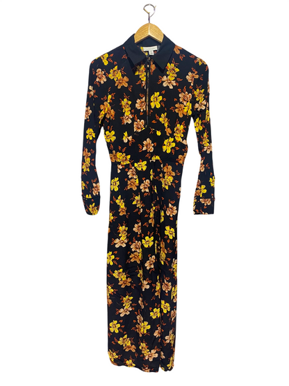 TOP SHOP |S| BUST 17| A15| BLACK & YELLOW FLORAL PRINT SHIRT DRESS - LONG SLEEVE COLLARED MAXI DRESS