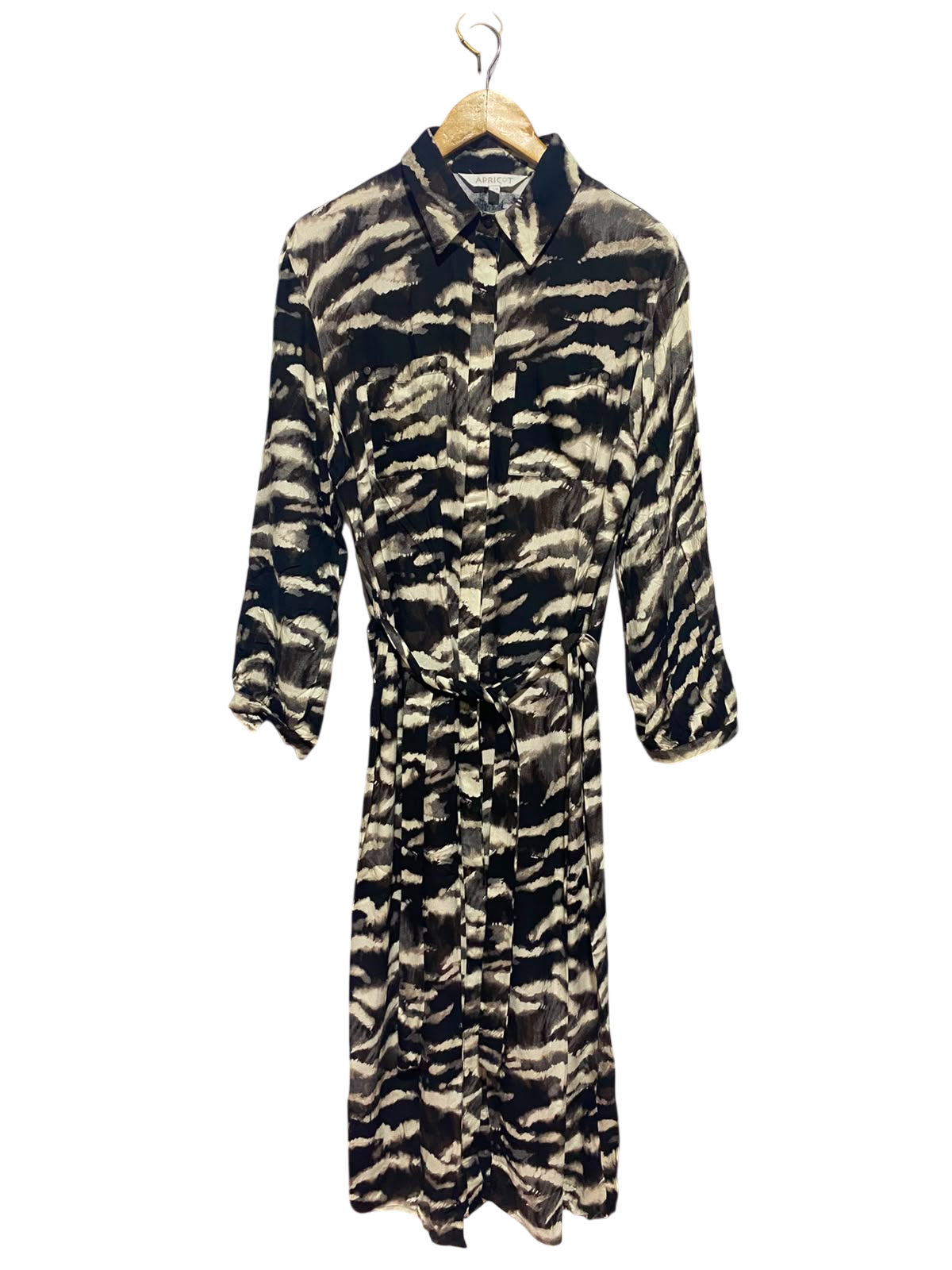APRICOT |L| BUST 22| A15| ZEBRA ANIMAL PRINT SHIRT DRESS - LONG SLEEVE BELTED MIDI DRESS