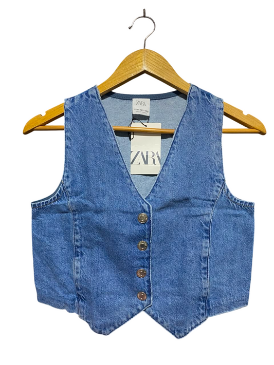 ZARA |XS| BUST 15| A15| BLUE DENIM BUTTON-UP VEST - CROPPED DENIM WAISTCOAT