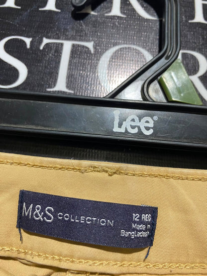 M&S |L| WAIST 30| A15| BEIGE HIGH-WAISTED WIDE-LEG TROUSERS - PLEATED COTTON CHINO PANTS