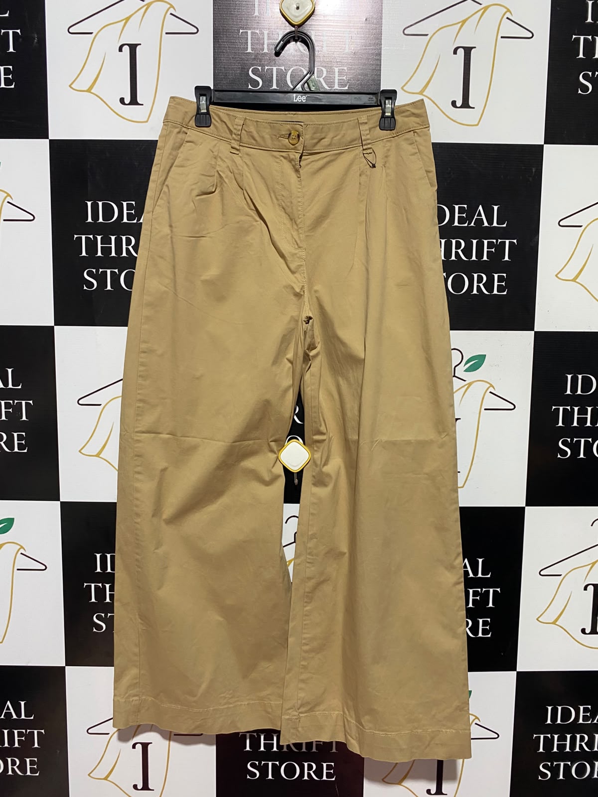 M&S |L| WAIST 30| A15| BEIGE HIGH-WAISTED WIDE-LEG TROUSERS - PLEATED COTTON CHINO PANTS