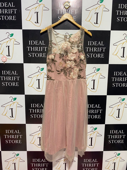 NEW LOOK |M| BUST 18| A15| DUSTY PINK FLORAL EMBROIDERED TULLE DRESS - SLEEVELESS PARTY MIDI DRESS