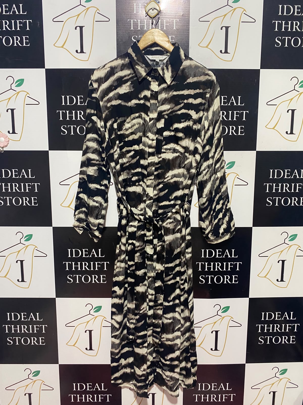 APRICOT |L| BUST 22| A15| ZEBRA ANIMAL PRINT SHIRT DRESS - LONG SLEEVE BELTED MIDI DRESS