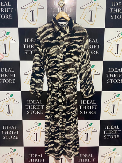 APRICOT |L| BUST 22| A15| ZEBRA ANIMAL PRINT SHIRT DRESS - LONG SLEEVE BELTED MIDI DRESS