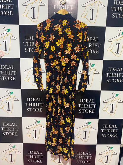 TOP SHOP |S| BUST 17| A15| BLACK & YELLOW FLORAL PRINT SHIRT DRESS - LONG SLEEVE COLLARED MAXI DRESS