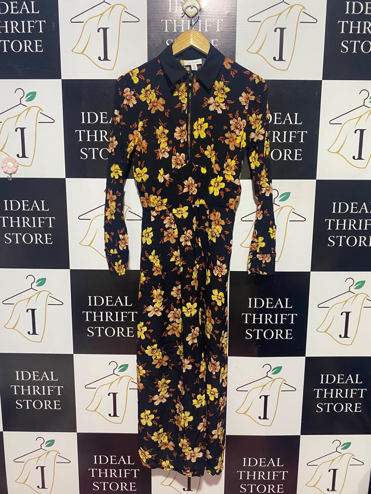 TOP SHOP |S| BUST 17| A15| BLACK & YELLOW FLORAL PRINT SHIRT DRESS - LONG SLEEVE COLLARED MAXI DRESS