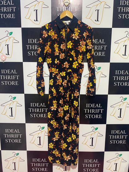 TOP SHOP |S| BUST 17| A15| BLACK & YELLOW FLORAL PRINT SHIRT DRESS - LONG SLEEVE COLLARED MAXI DRESS