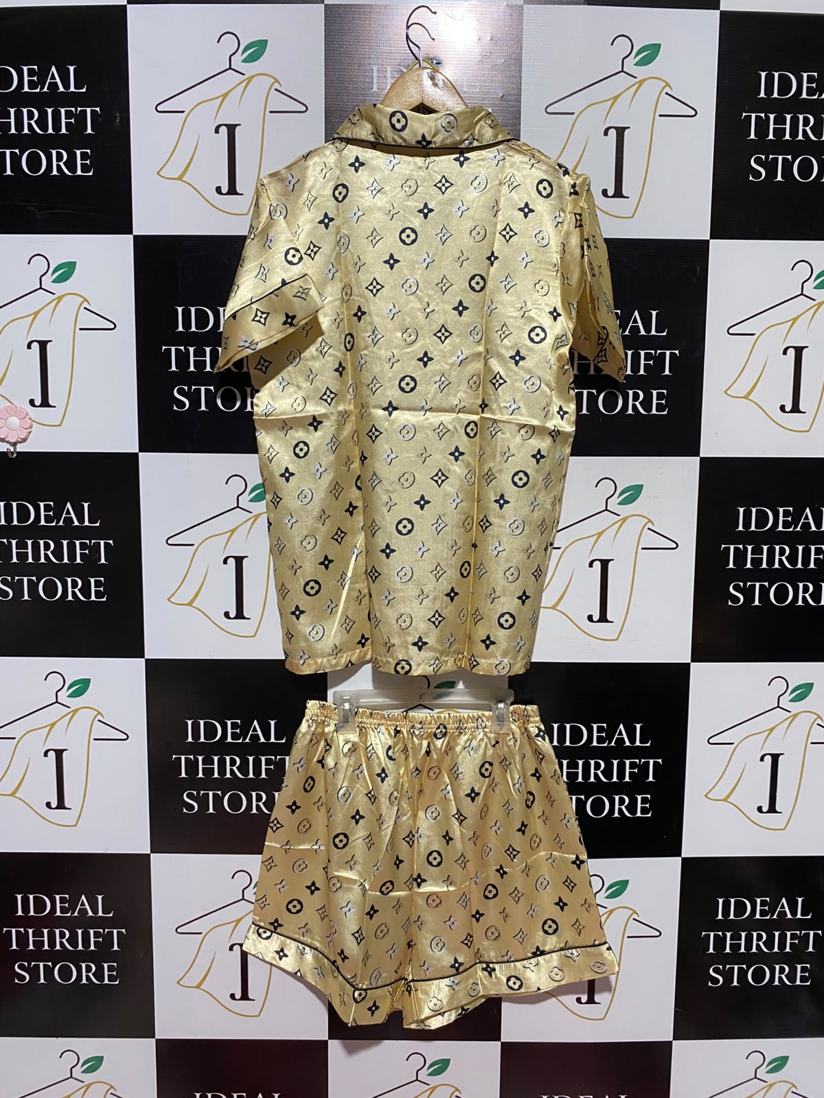 |S| A15| GOLD SILK SATIN MONOGRAM PYJAMA SHORT SET - TWO-PIECE NIGHTWEAR & LOUNGEWEAR